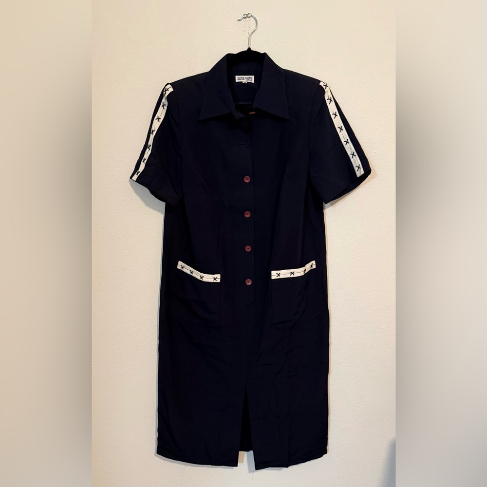 Vintage Silvia Costa Navy Button Front Midi Dress with Contrast Trim
